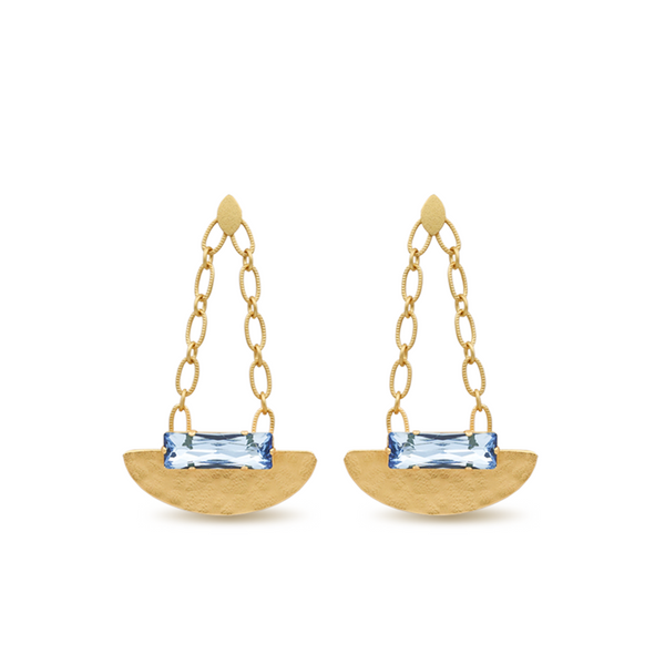 hammered gold chandelier earrings with aqua crystal