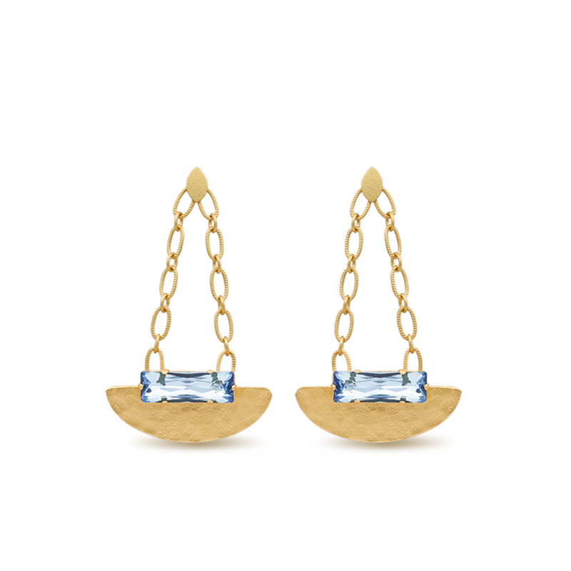 hammered gold chandelier earrings with aqua crystal