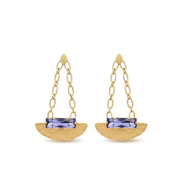 hammered gold chandelier earrings with tanzanite crystal