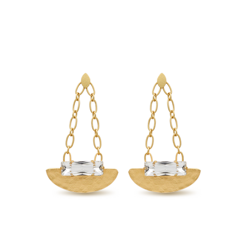 hammered gold chandelier earrings with white crystal