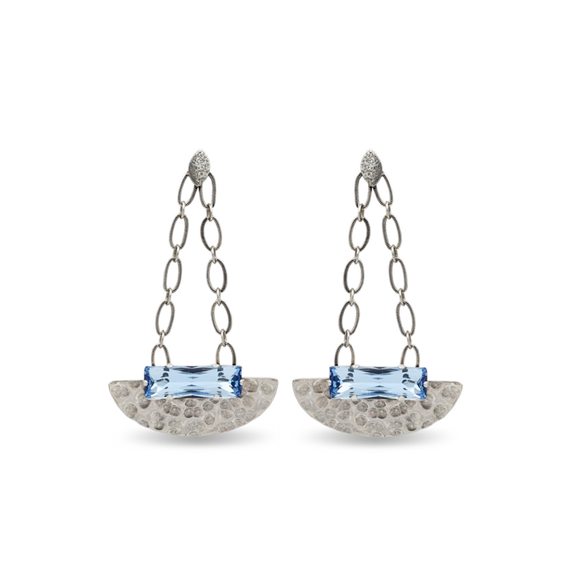 hammered silver chandelier earrings with aqua crystal