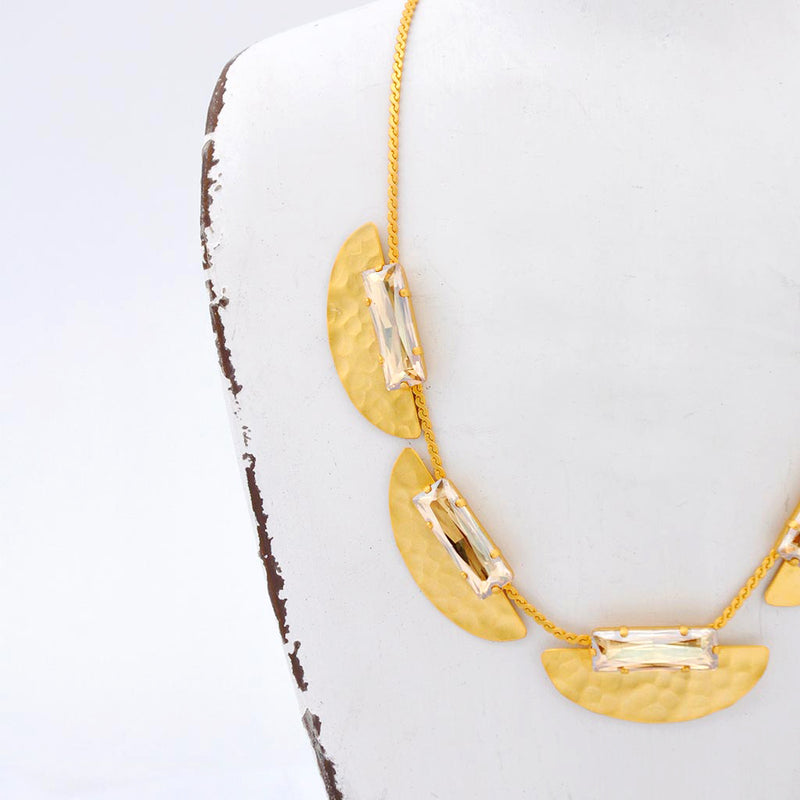 hammered gold collar costume necklace with baguette golden shadow crystals