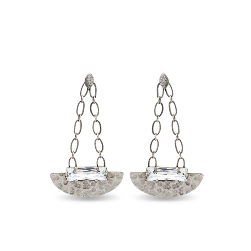 hammered silver chandelier earrings with clear crystal