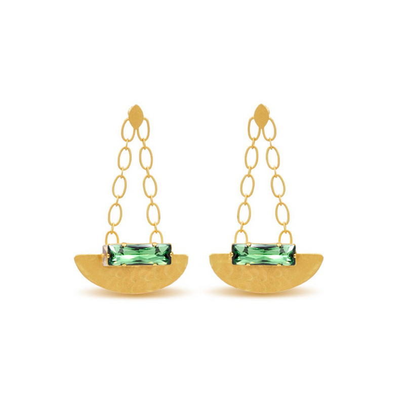 hammered gold dangle chandelier earrings with golden baguette crystals