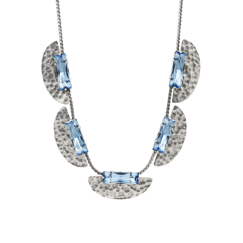 Hammered silver evening gown necklace with aqua baguette crystals