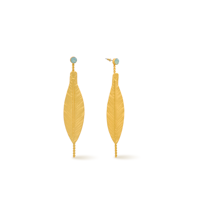 gold leaf dangle earrings with pacific opal