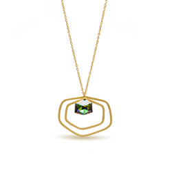 Hexagon shape long gold necklace with a green crystal