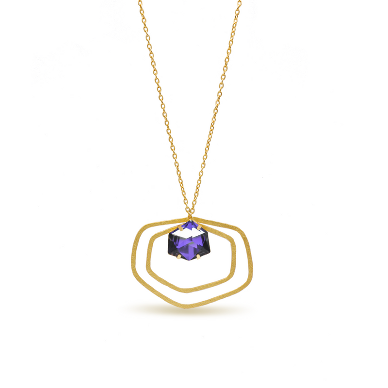 Hexagon shape long gold necklace with a purple crystal