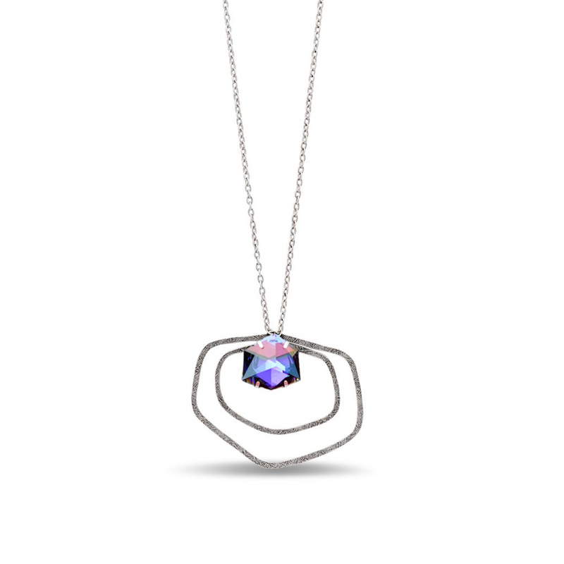 Hexagon shape long silver necklace with a purple crystal