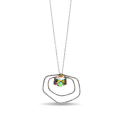 Hexagon shape long silver necklace with a green crystal