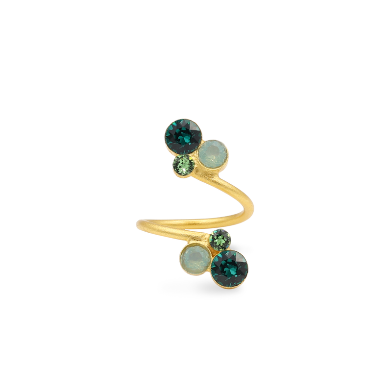 Gold multi-color open ring with green crystals