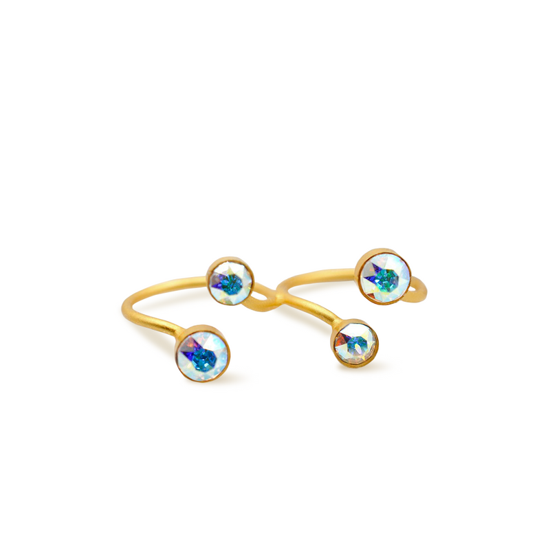 gold double finger ring with aurora borealis crystals