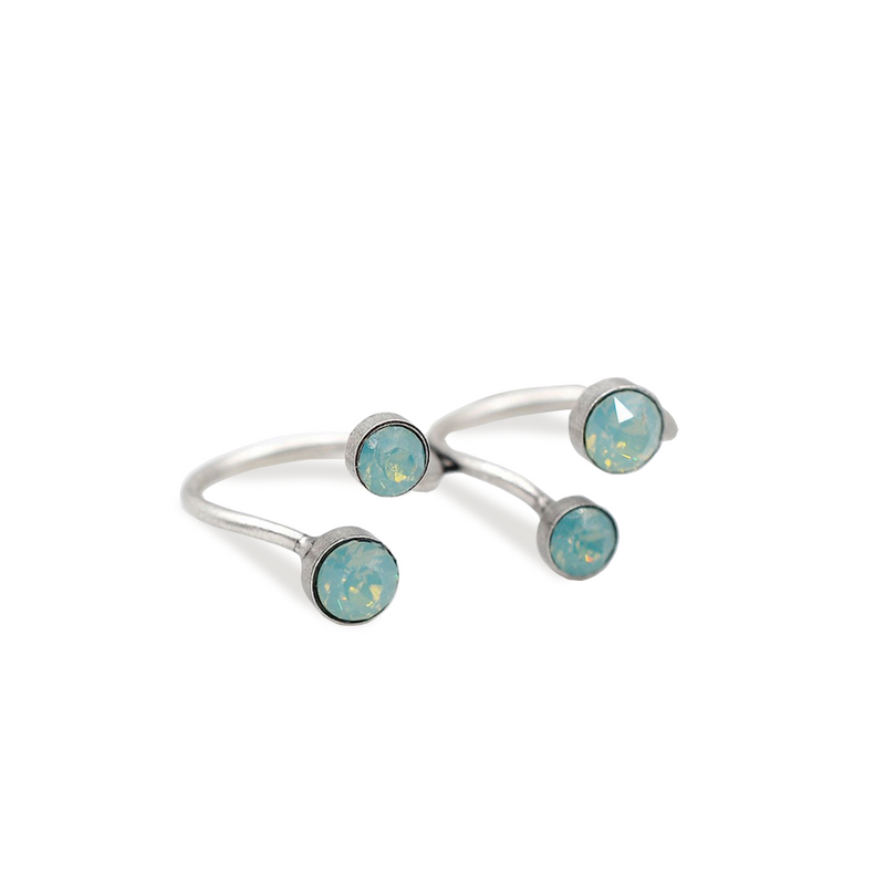silver double finger ring with pacific blue crystals