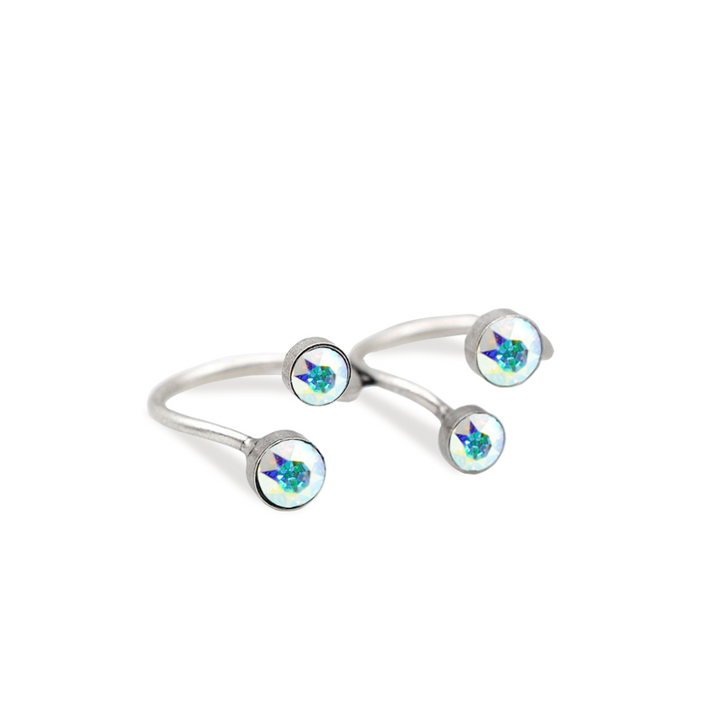 silver double finger ring with aurora borealis crystals
