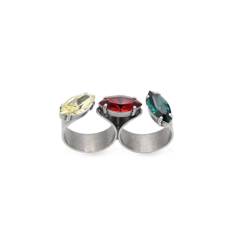 Silver double finger marquise ring with multicolor crystal