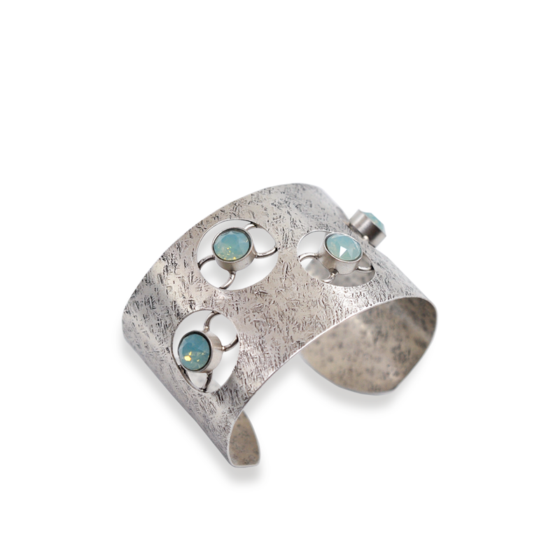 silver cuff bracelet with pacific blue crystals