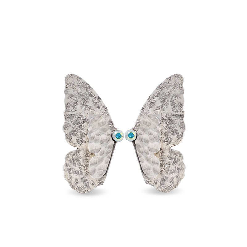 silver mariposa earrings with aurora crystal