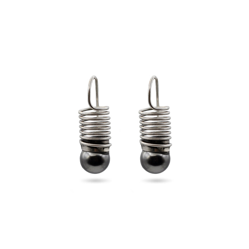 silver spiral earrings with black pearl