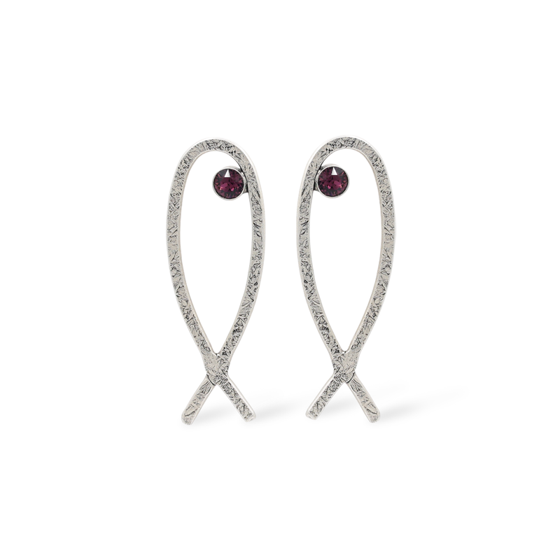 silver fish earrings with amethyst crystal