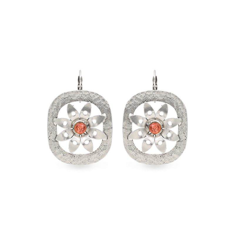 Sunflower silver earrings with coral crystal