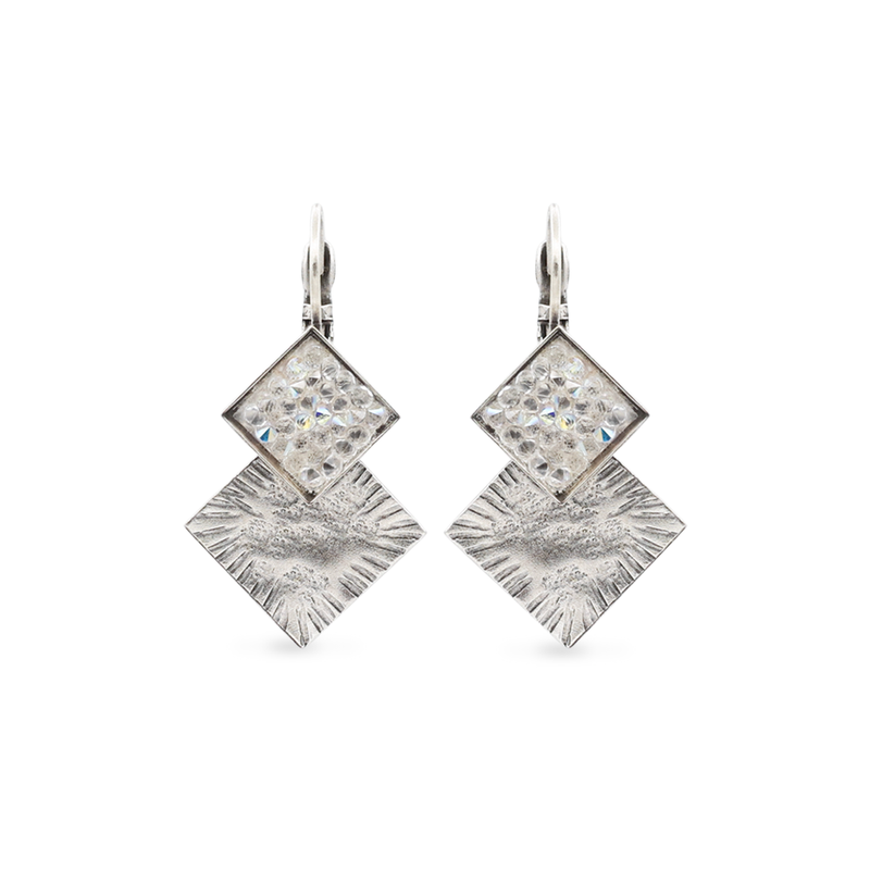 Silver tetragon earrings with white crystals