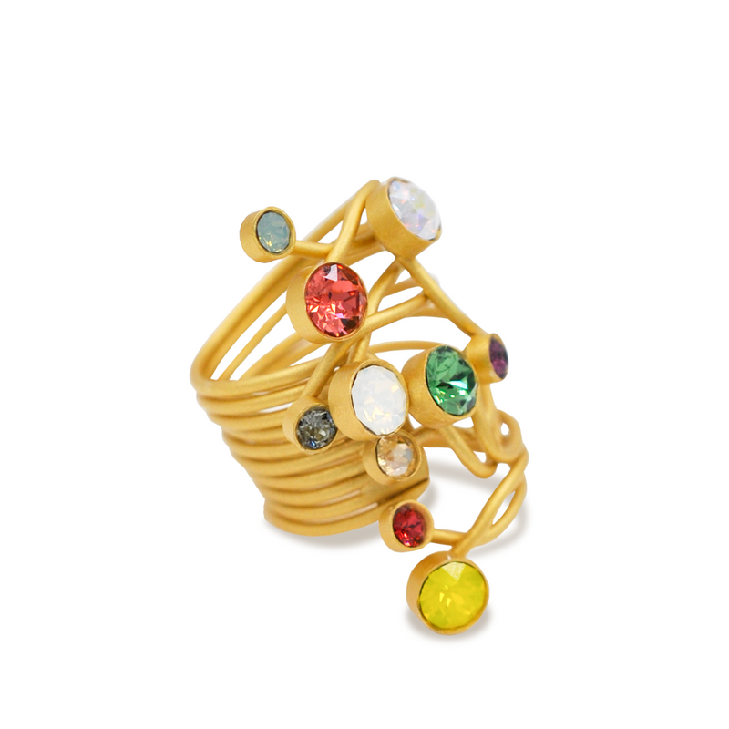 wide spring style gold ring with multicolor crystals