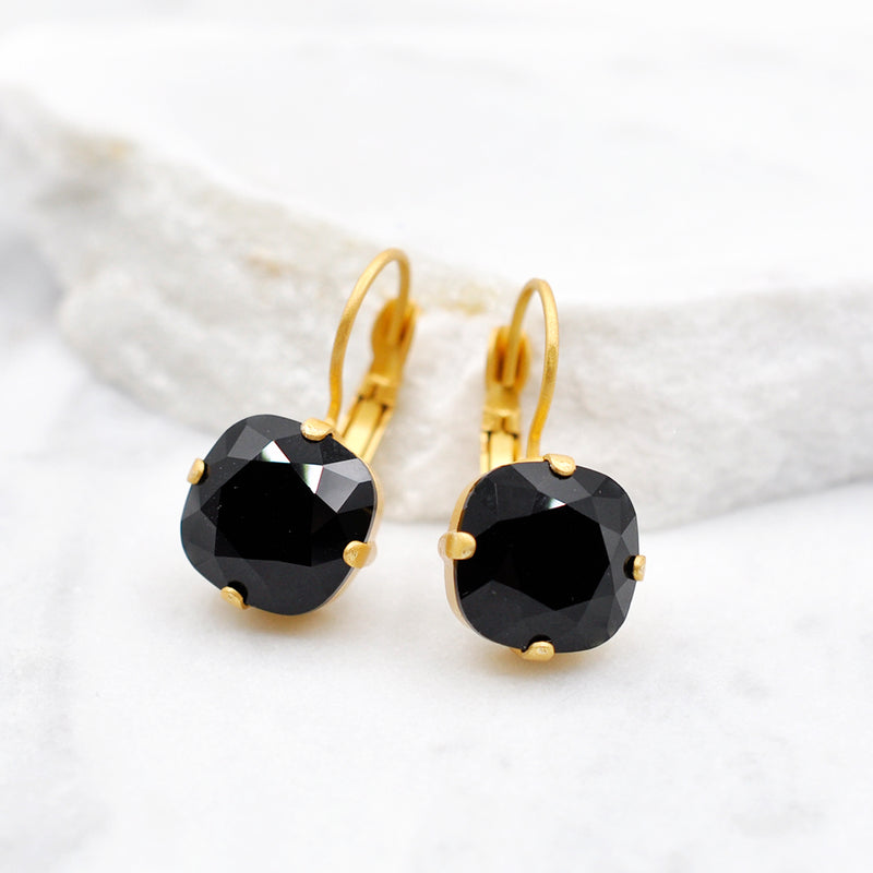 gold petite square black Swarovski earrings