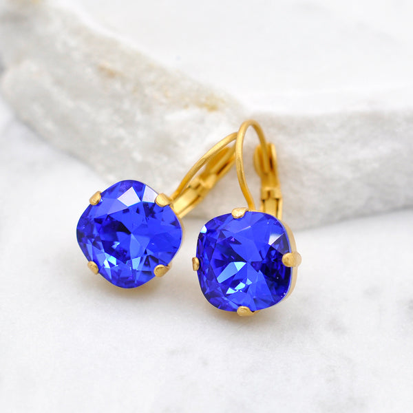 gold crystal earrings with sapphire Swarovski crystal