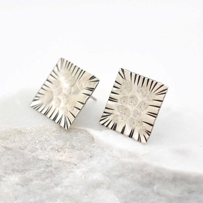 hammered silver square stud earrings