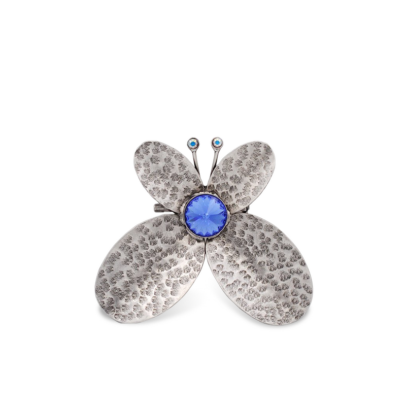 Large silver butterfly brooch with sapphire