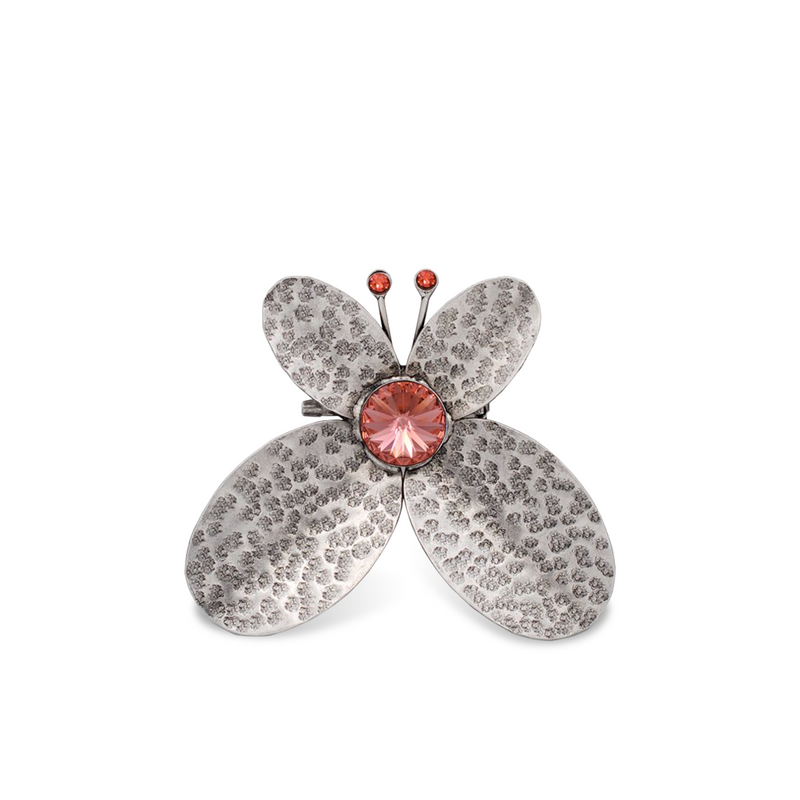 Large silver butterfly brooch with coral