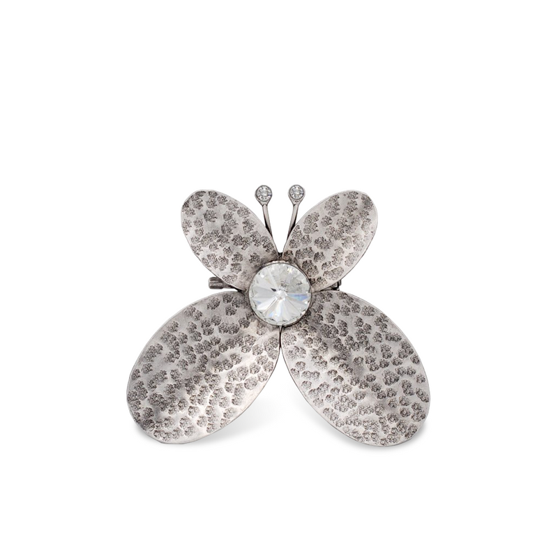 Large silver butterfly brooch with white crystal