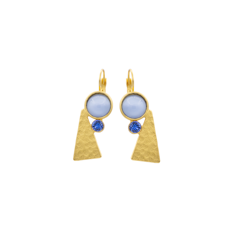 Triangle dangle gold earrings with blue crystal