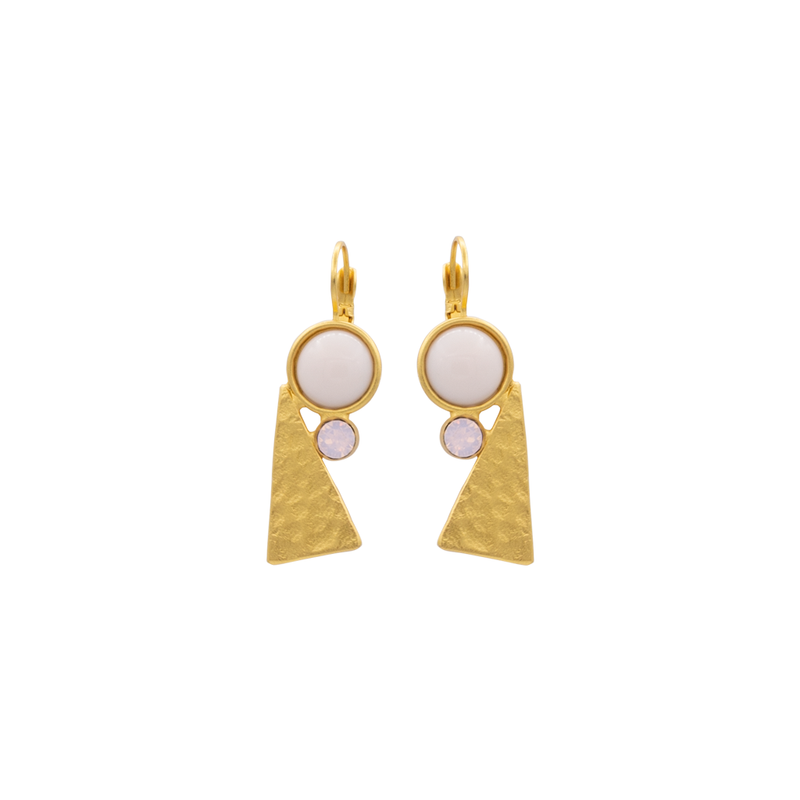 Triangle dangle gold earrings with pink crystal