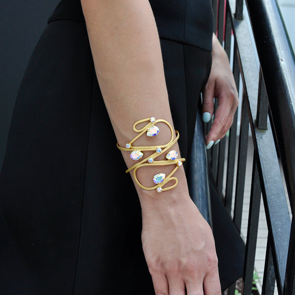 Wide gold drop shape cuff bracelet with Aurora crystals