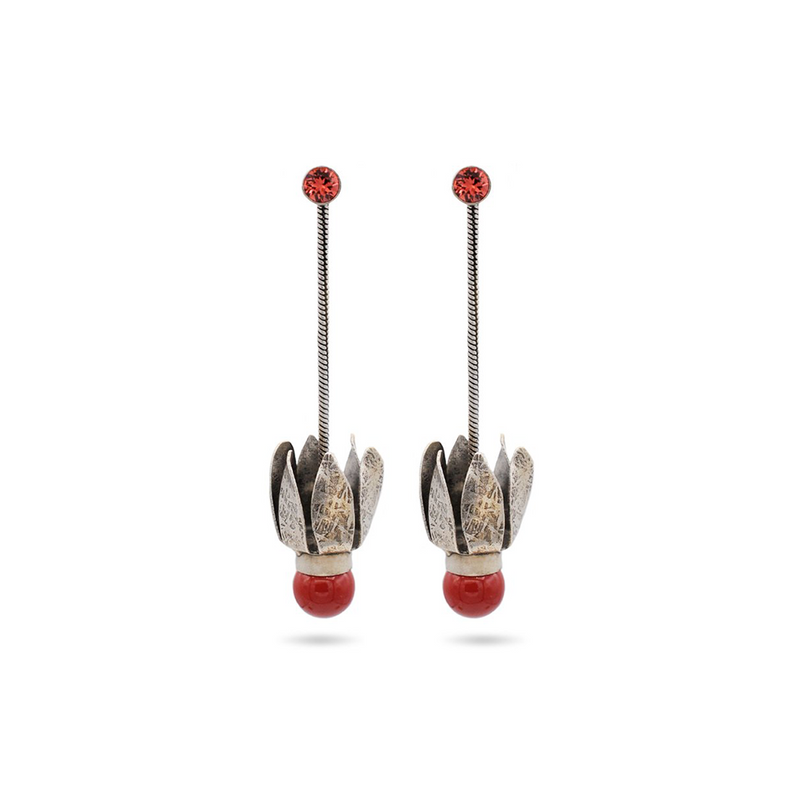 Silver tulip dangle earrings adorned with a coral beads