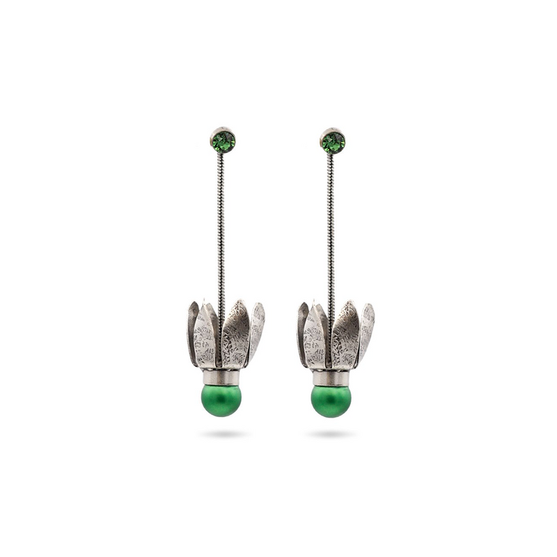 Silver tulip dangle earrings adorned with a green beads