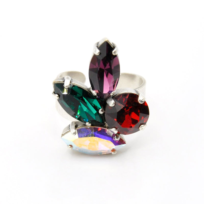 Silver cocktail ring with multicolor crystals