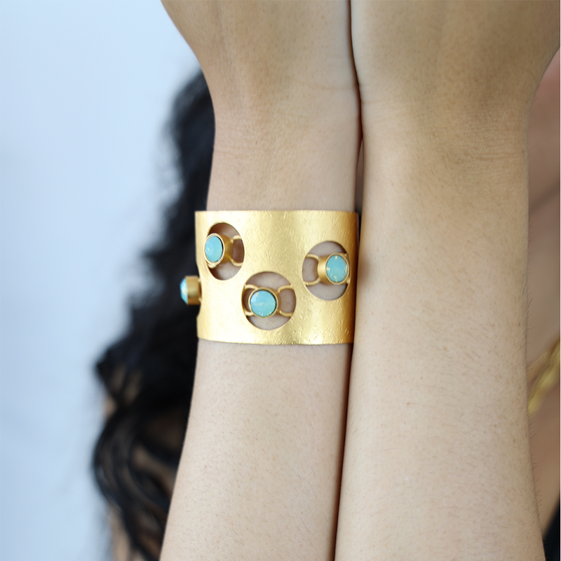 Gold wide band cuff bracelet with pacific blue crystals