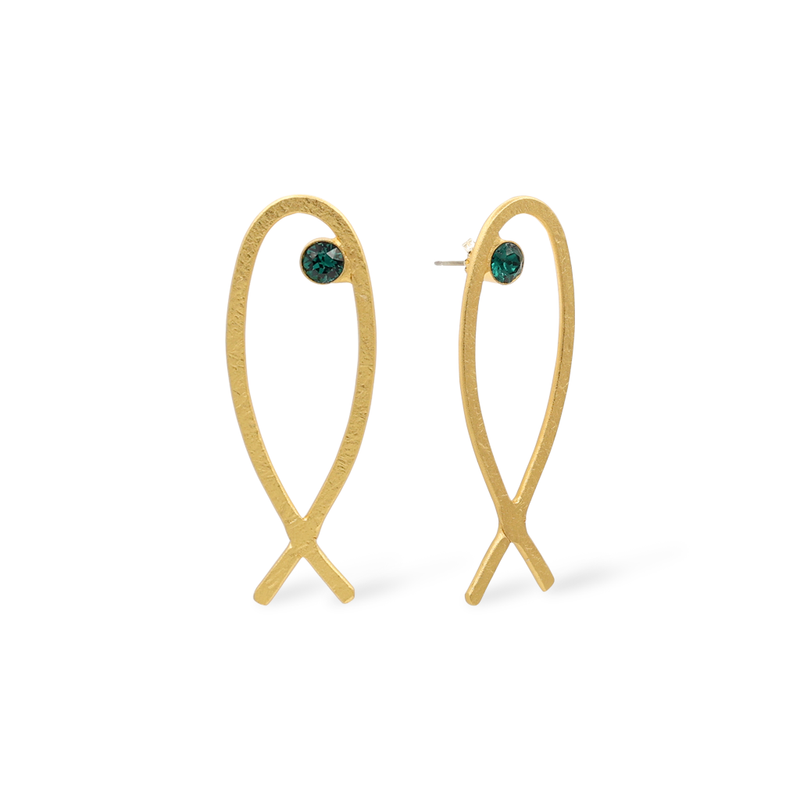 gold fish earrings with emerald crystal